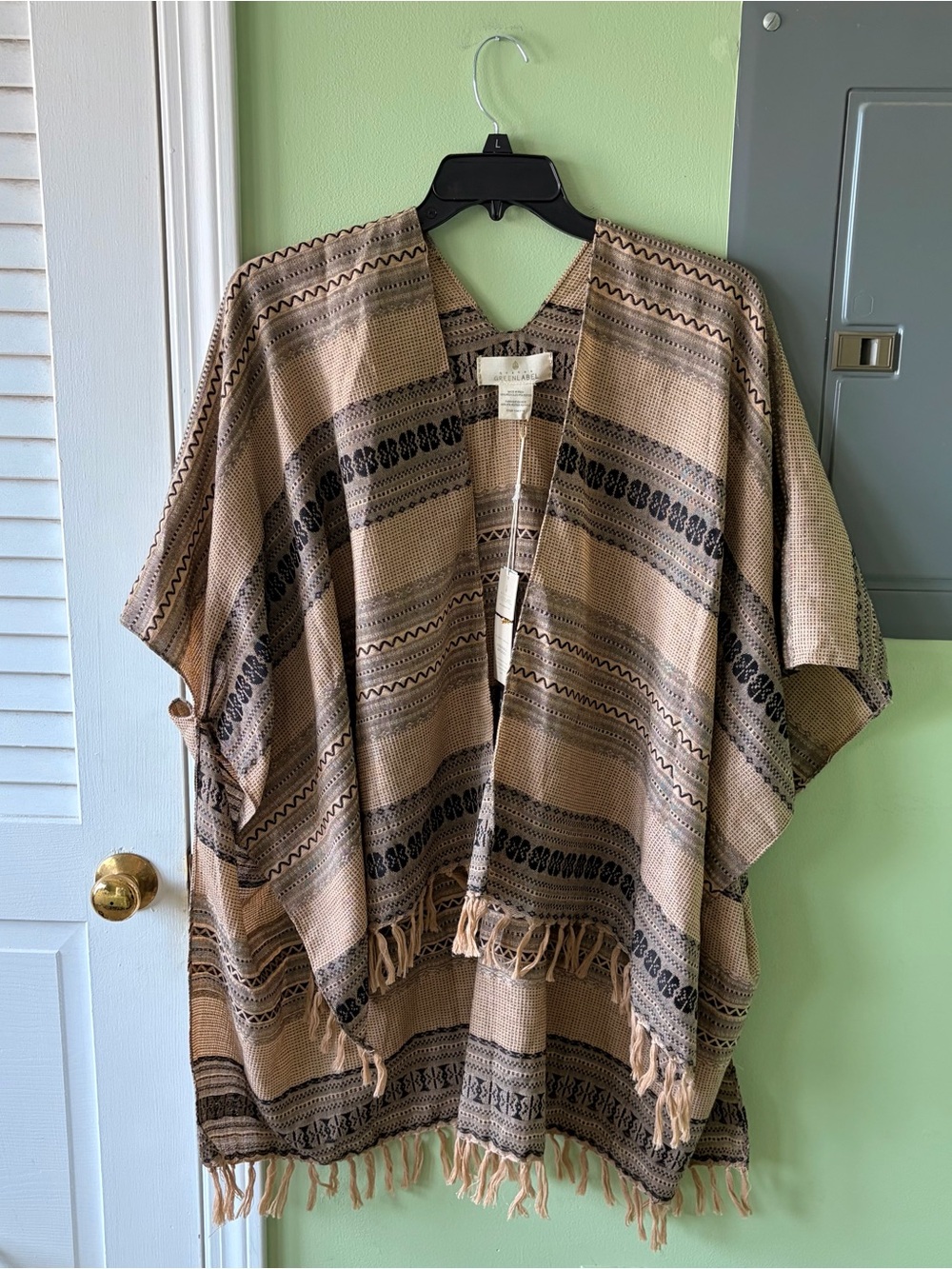Boho Fringe Woven Poncho in Tan & Black by Quagga Green Label One Size Fits All